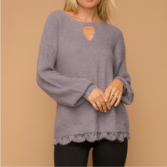 NWT Hem & Thread Waffle Knit Sweater Lace Trim Bottom Beautiful Lilac Color - Picture 6 of 16